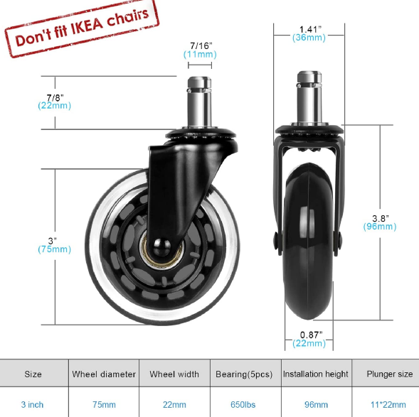 Office Chair Castors Wheels Universal Stem 11mm - 5 Pack