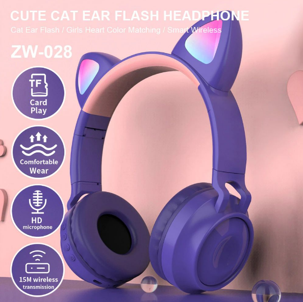 DH - Wireless Bluetooth Headset Glowing Cat Ear Earphone Music Headphone