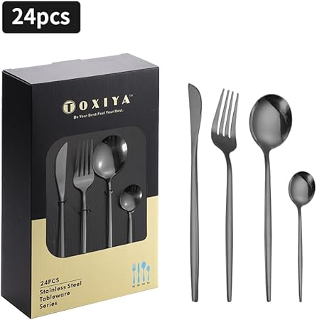 TOXIYA - 24 Piece Flatware Set, Stainless Steel Knife Fork Spoon, Home Dinnerware Tableware Set for 6, Cutlery Set, Include Knives/Forks/Spoons