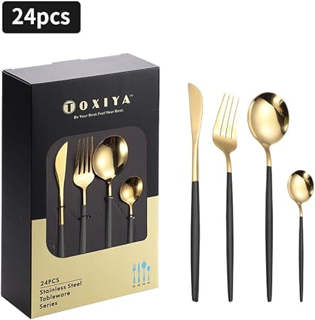 TOXIYA - 24 Piece Flatware Set, Stainless Steel Knife Fork Spoon, Home Dinnerware Tableware Set for 6, Cutlery Set, Include Knives/Forks/Spoons