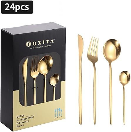 TOXIYA - 24 Piece Flatware Set, Stainless Steel Knife Fork Spoon, Home Dinnerware Tableware Set for 6, Cutlery Set, Include Knives/Forks/Spoons