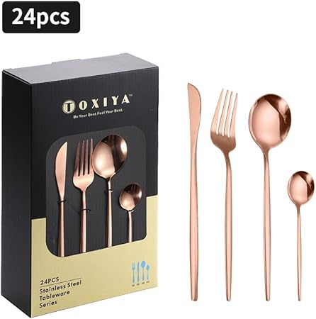 TOXIYA - 24 Piece Flatware Set, Stainless Steel Knife Fork Spoon, Home Dinnerware Tableware Set for 6, Cutlery Set, Include Knives/Forks/Spoons