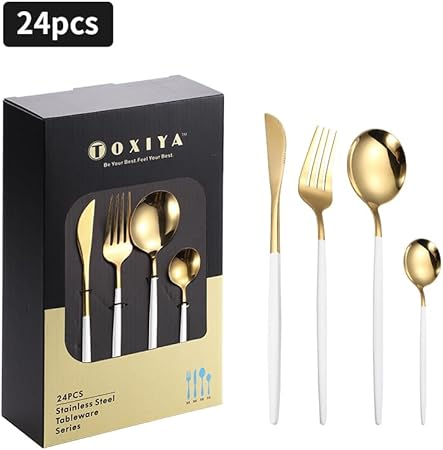 TOXIYA - 24 Piece Flatware Set, Stainless Steel Knife Fork Spoon, Home Dinnerware Tableware Set for 6, Cutlery Set, Include Knives/Forks/Spoons