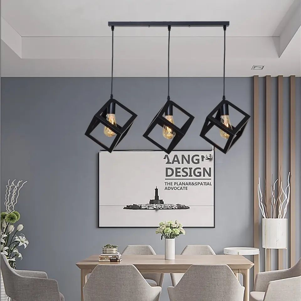 3-Lights Linear Cluster Black Geometric Cube Pendant Lamp-MRUL