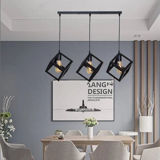 3-Lights Linear Cluster Black Geometric Cube Pendant Lamp-MRUL