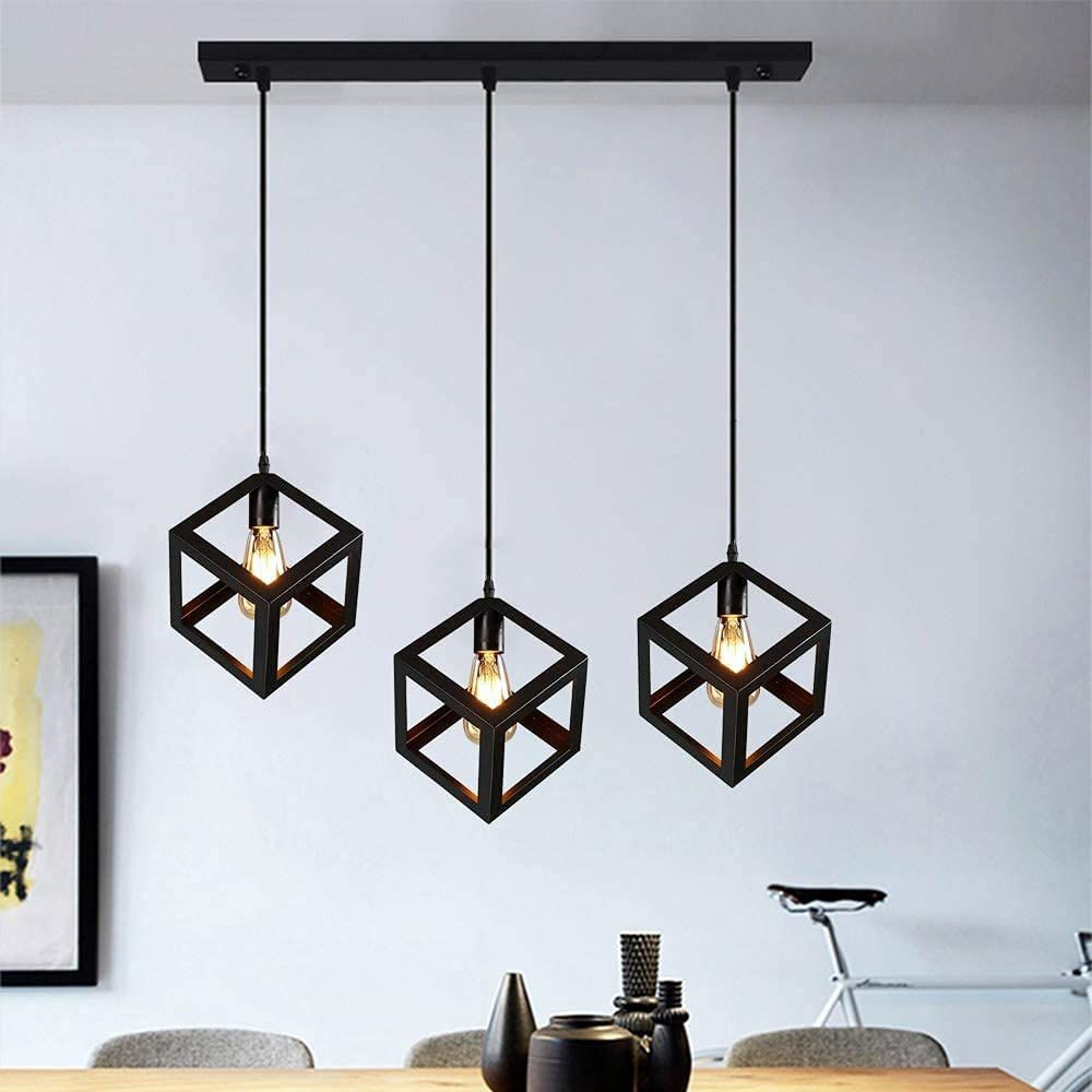 3-Lights Linear Cluster Black Geometric Cube Pendant Lamp-MRUL