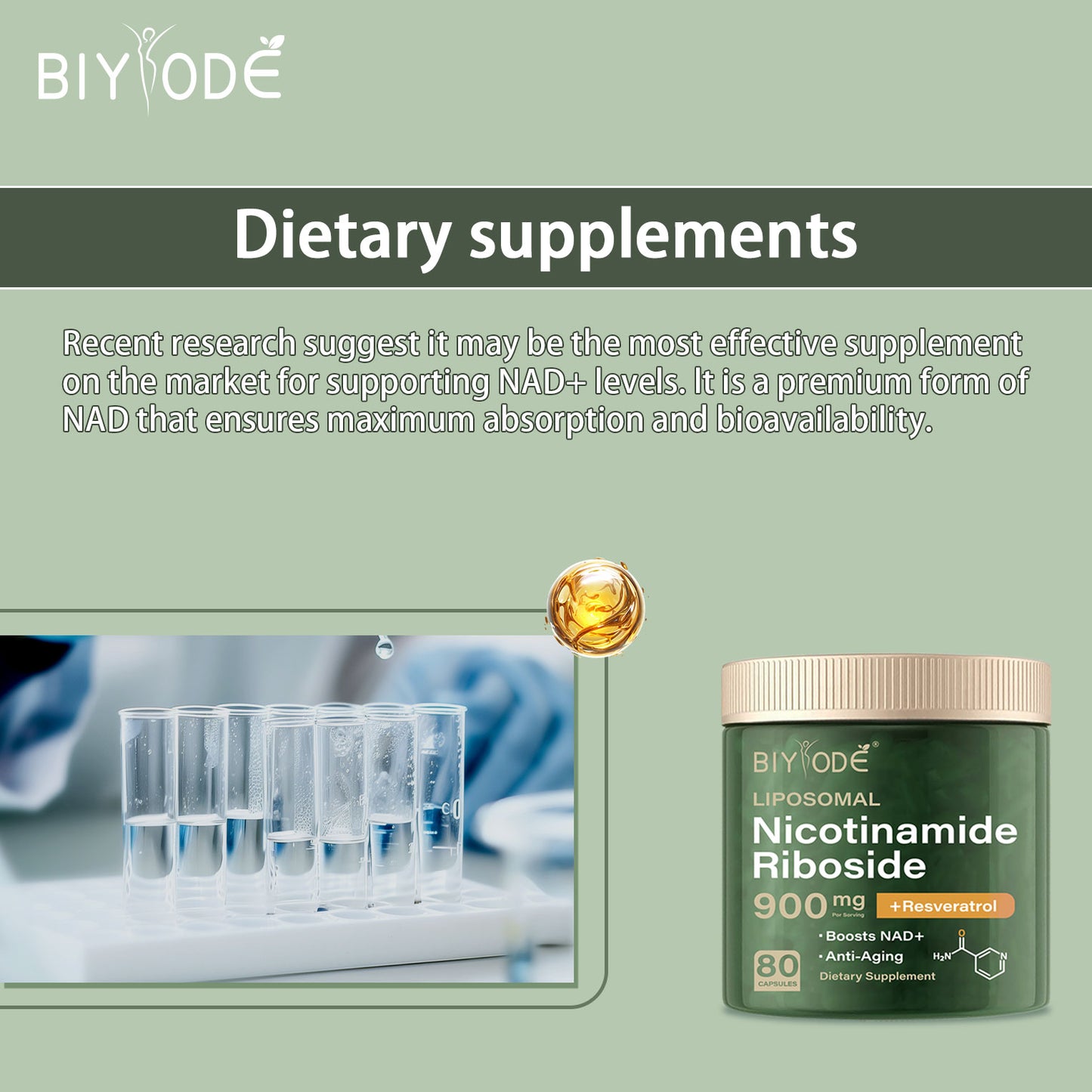 BIYODE - NAD+ Supplement  - Liposomal Nicotinamide Riboside 900mg with Resveratrol & Quercetin - for Anti-Aging, Energy