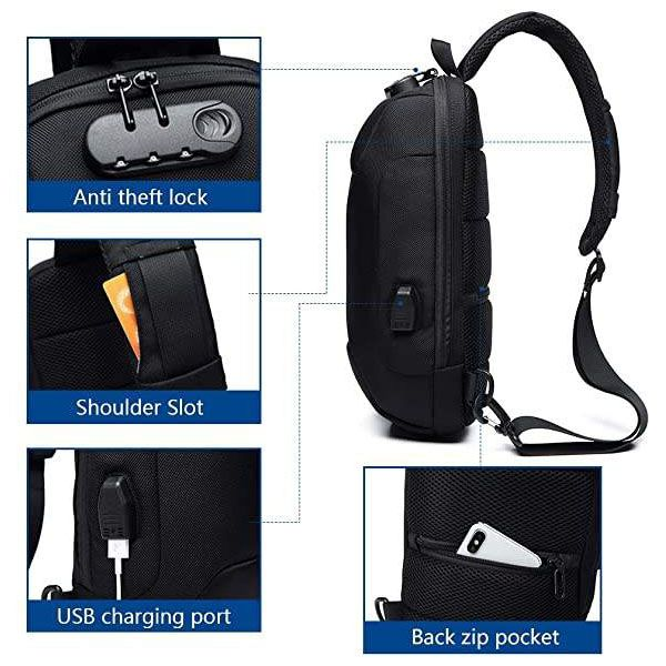 Ozuko Anti Theft Lock Sling Bag Shoulder Crossbody Backpack With USB Port