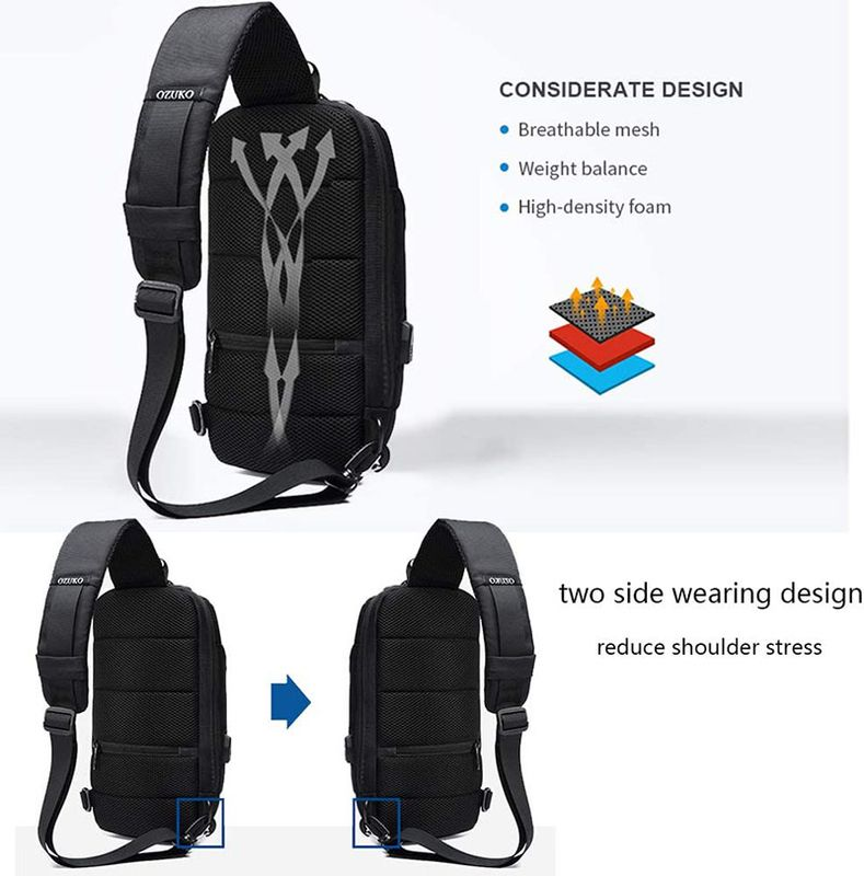 Ozuko Anti Theft Lock Sling Bag Shoulder Crossbody Backpack With USB Port