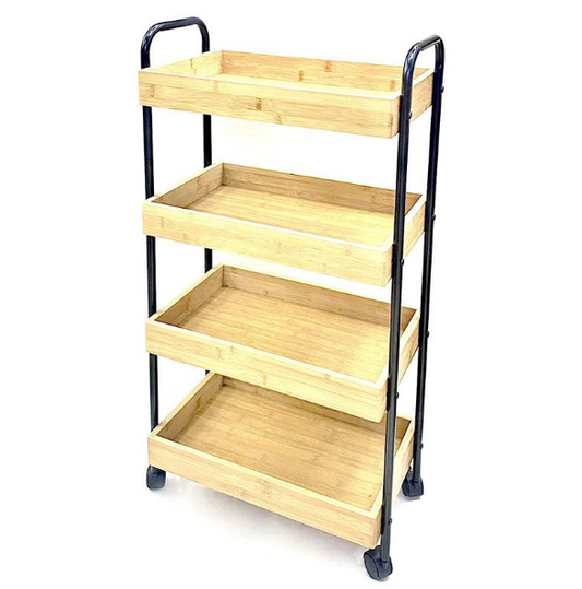 Bamboomill 4 Tier Utility Storage Rolling Cart With Bamboo basket Shelves