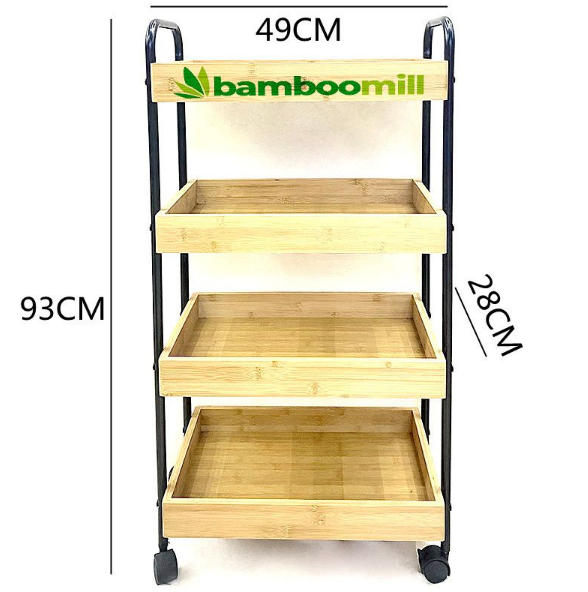 Bamboomill 4 Tier Utility Storage Rolling Cart With Bamboo basket Shelves