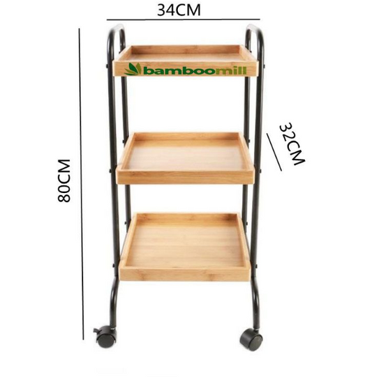 Bamboomill 3 Tier Heighten Cart Storage Rolling Cart With Bamboo Shelves