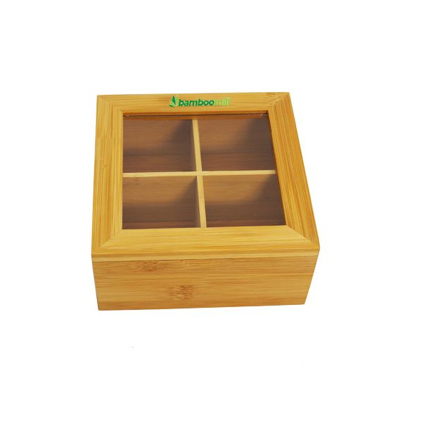 Bamboomill Acrylic Clear Top Bamboo Tea Box 4 Sections