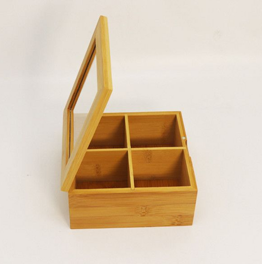 Bamboomill Acrylic Clear Top Bamboo Tea Box 4 Sections