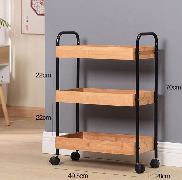 Bamboomill 3 Tier Utility Storage Rolling Cart With Bamboo basket Shelves