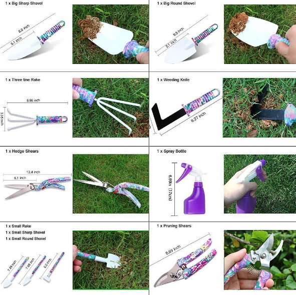 Gardening Tools with Purple Floral Print Gardening Gifts for Women 10Piece