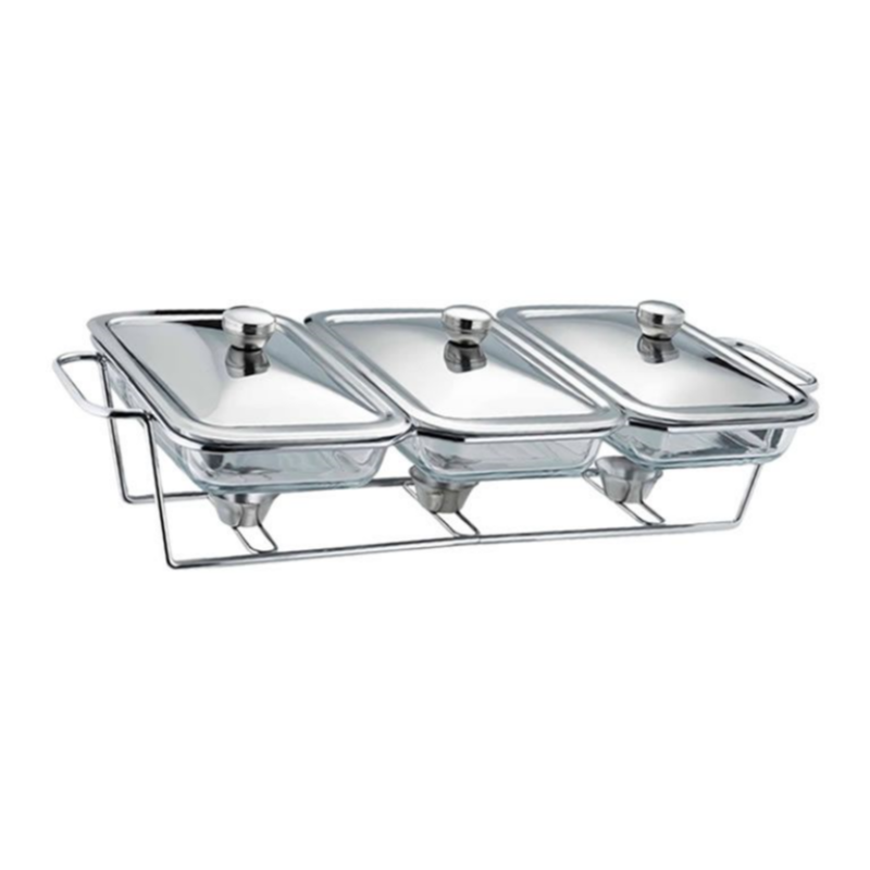 1.5L x 3 Glass Pan Chafing Dish with Metal Frame Lids and Silicon Utensils