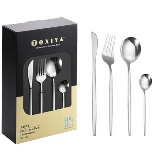 TOXIYA - 24 Piece Flatware Set, Stainless Steel Knife Fork Spoon, Home Dinnerware Tableware Set for 6, Cutlery Set, Include Knives/Forks/Spoons