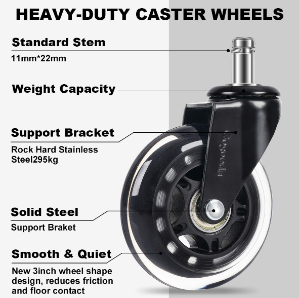 Office Chair Castors Wheels Universal Stem 11mm - 5 Pack