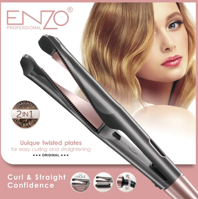 ENZO hot sell Ceramic Coating 2 in 1 Hair Straightener and Curler Spiral Twist Flat Iron Floating Plate Hair Straightener