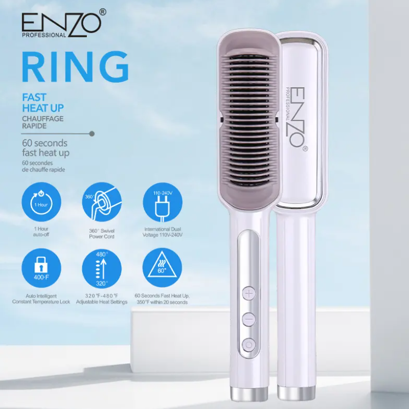 ENZO Negative Ion Straighten Hair Comb Brush Ceramic Smoothing Fast Heated Electric Hair Straightener Brush