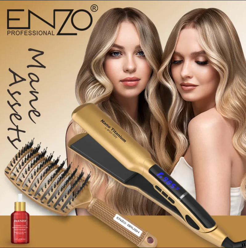 ENZO Portable Luxury 2 In 1 Brush Professional Bling Mini Portable Ptc Straightener Electric Hair Straightener Comb