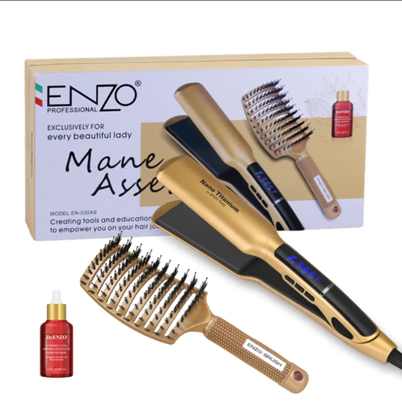 ENZO Portable Luxury 2 In 1 Brush Professional Bling Mini Portable Ptc Straightener Electric Hair Straightener Comb