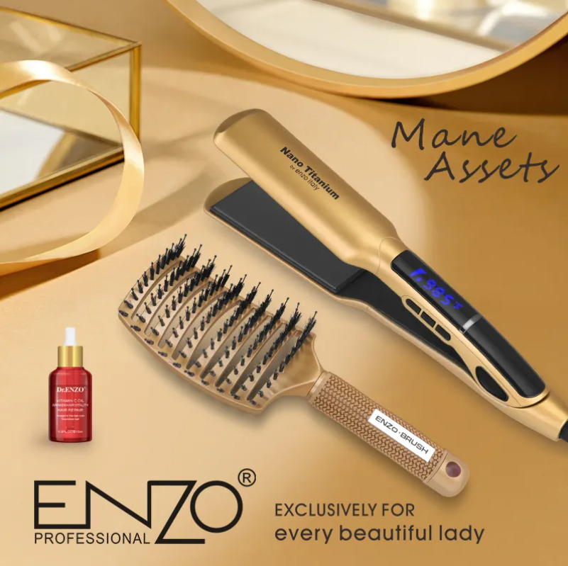 ENZO Portable Luxury 2 In 1 Brush Professional Bling Mini Portable Ptc Straightener Electric Hair Straightener Comb