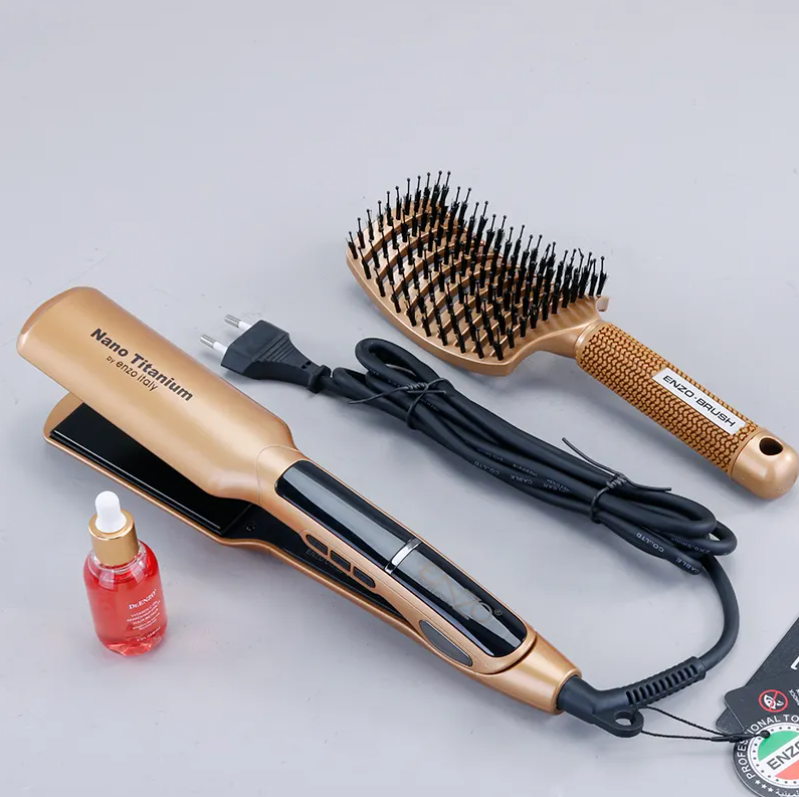 ENZO Portable Luxury 2 In 1 Brush Professional Bling Mini Portable Ptc Straightener Electric Hair Straightener Comb