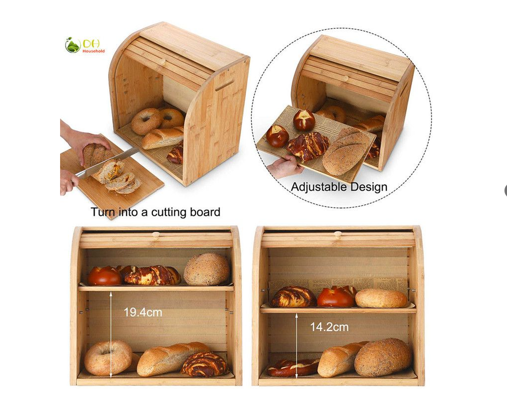 Bamboomill - 2-Layer Bamboo Bread Storage Bin Box with Removable Layer