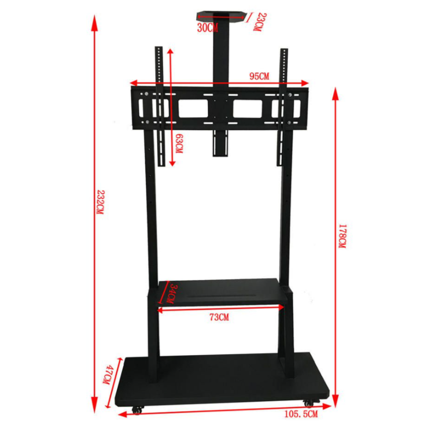 Mobile Floor TV Mount Stand Trolley Cart 2 Shelves with Wheels for 60-100"